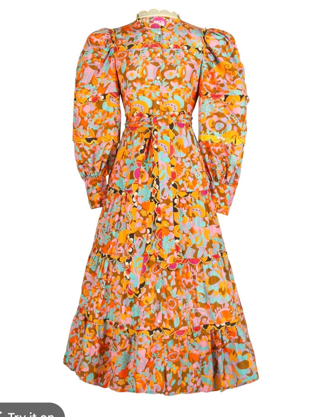 CeliaB Orange Floral Midi Dress with Puff Sleeves